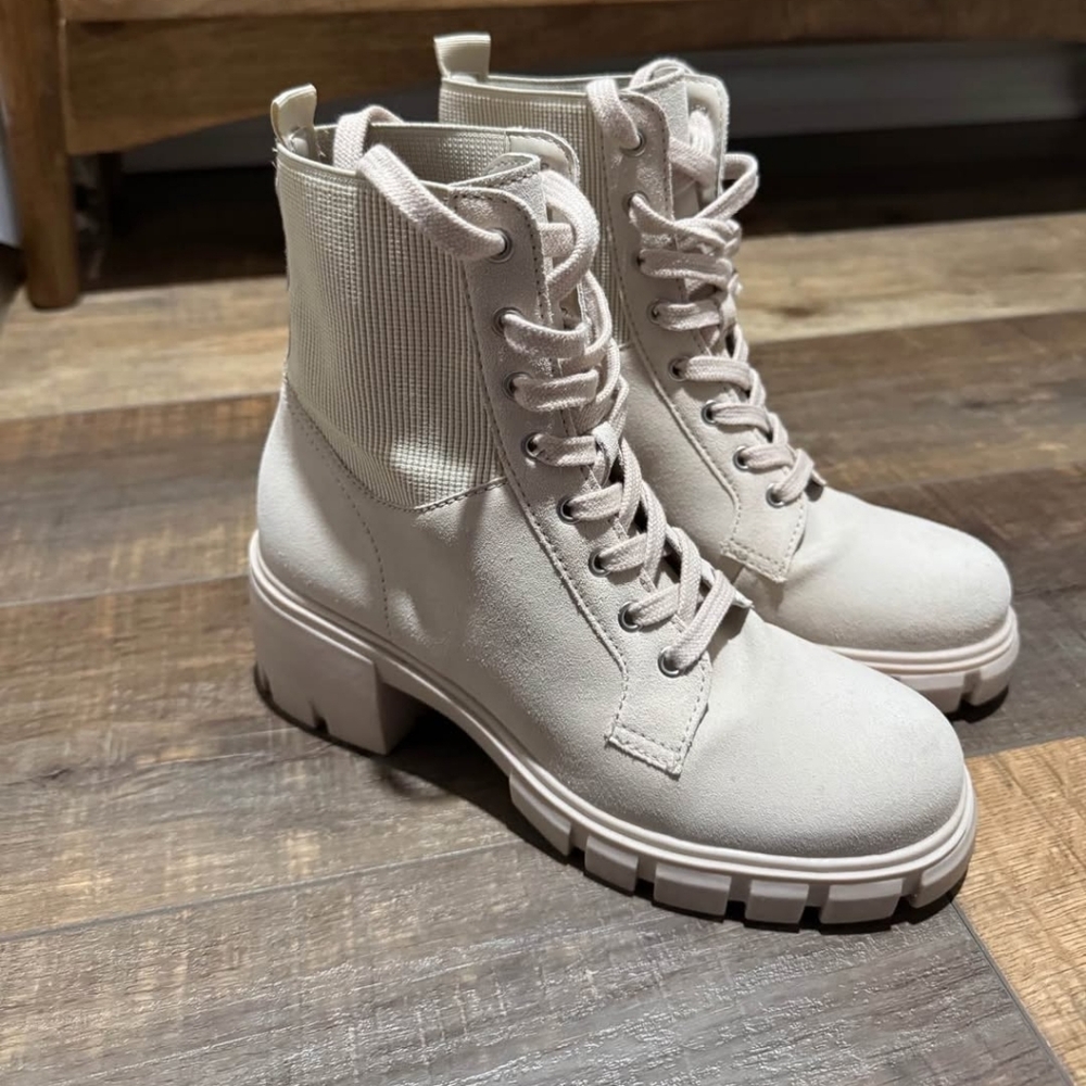 Steve Madden Zanet Cream Leather Suede Lace Up Zip Up Combat Boots Size 7